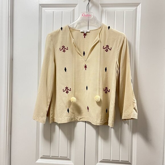 Madewell Embroidered Fringe Top Pom Pom Boho 100% Silk Cream - S - Picture 8 of 14